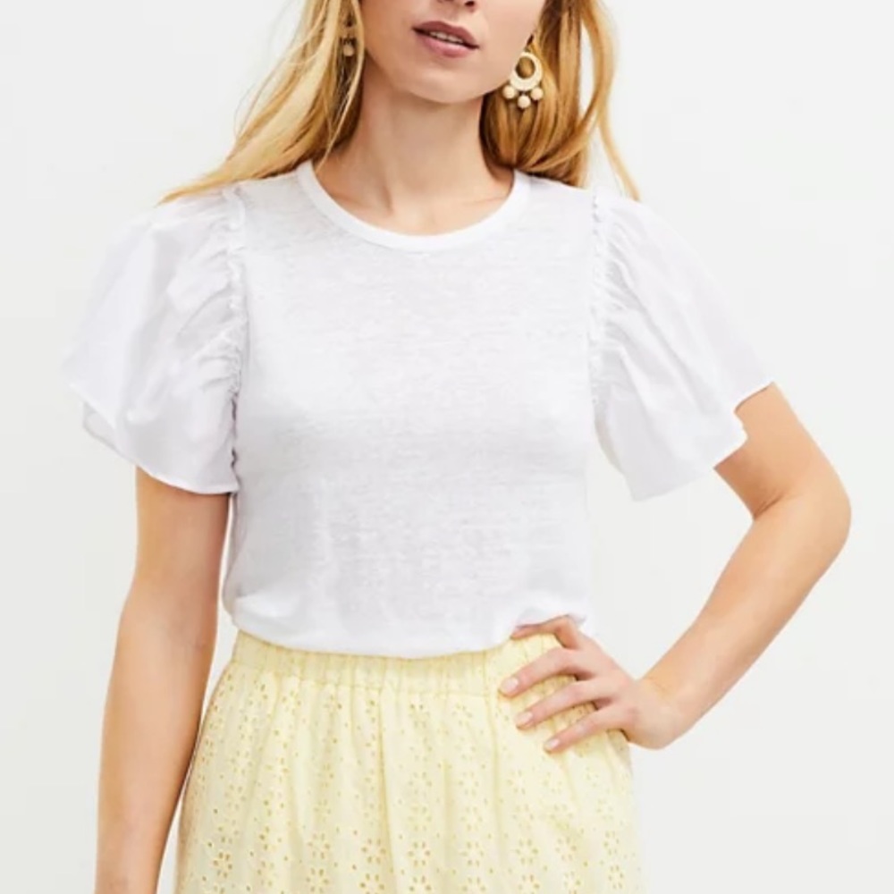 NWT Loft Mixed Media Flutter Sleeve Top linen